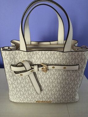 Michael Kors Cream/White MK Logo Satchel with Gold Hardware
